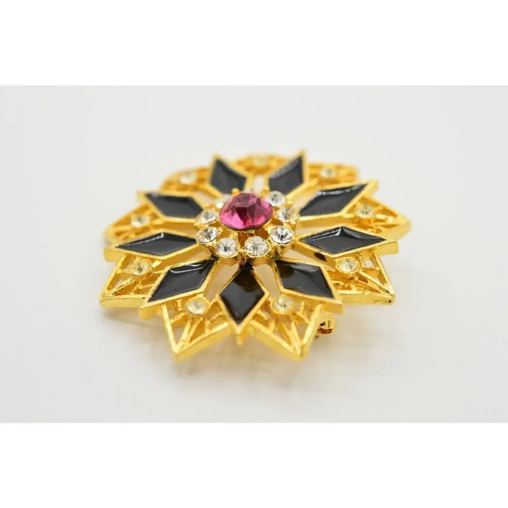 Vintage Crystal Flower Pin Brooch Gold Black Enamel Pink Rhinestone 1980s BinJ